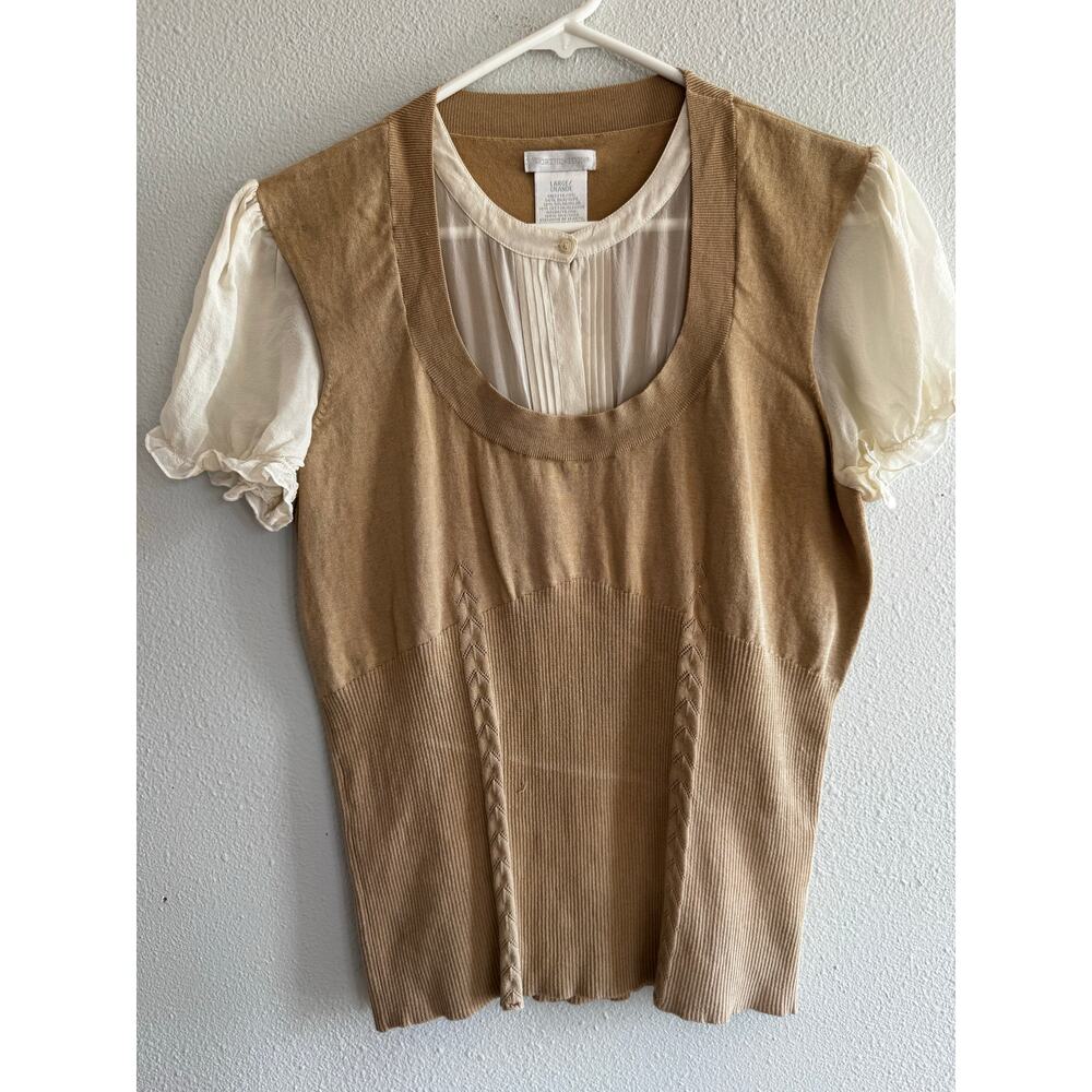 Worthington Beige Knit Overlay Top with Cream Puff Sleeves